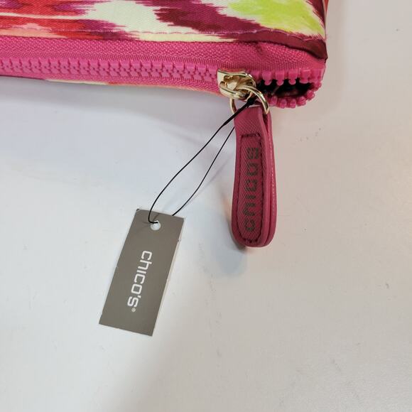 Chico's Tote Fold-Up Bag Large Pink Ikat Print Packable Zipper Double Strap NEW - Picture 5 of 12